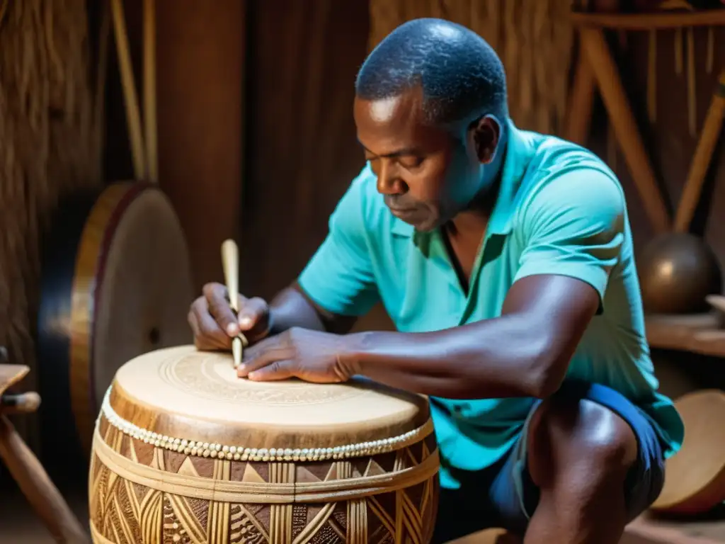 Artesano tallando con destreza un tambor Atabaque, destacando las Técnicas de percusión en el Candomblé