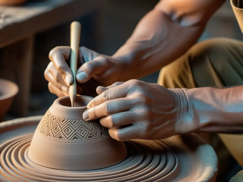 Un artesano moldea con destreza una tradicional instrumento cerámico, capturando la esencia del sonido de la tierra en cada detalle