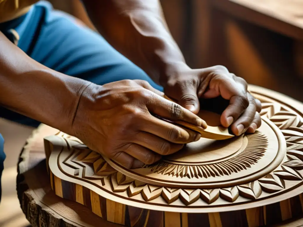 Artesano tallando con destreza un cuatro venezolano, reflejando la historia y construcción del instrumento