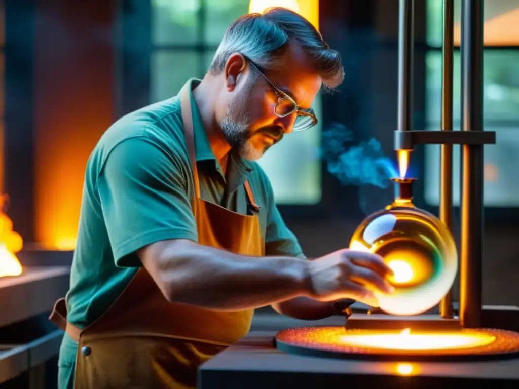 Un artesano moldea con destreza vidrio fundido para crear instrumentos de vidrio, rodeado de coloridos elementos brillantes