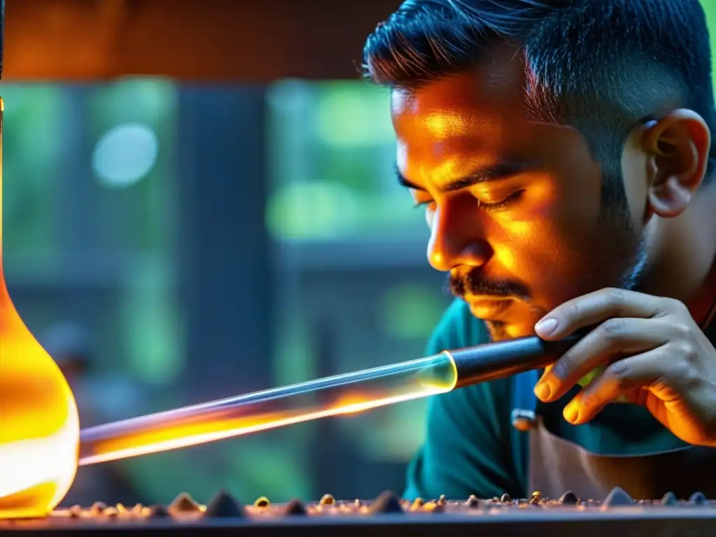 Un artesano moldea con destreza el vidrio fundido para crear un instrumento musical de cristal, con un fondo sereno y vibrante