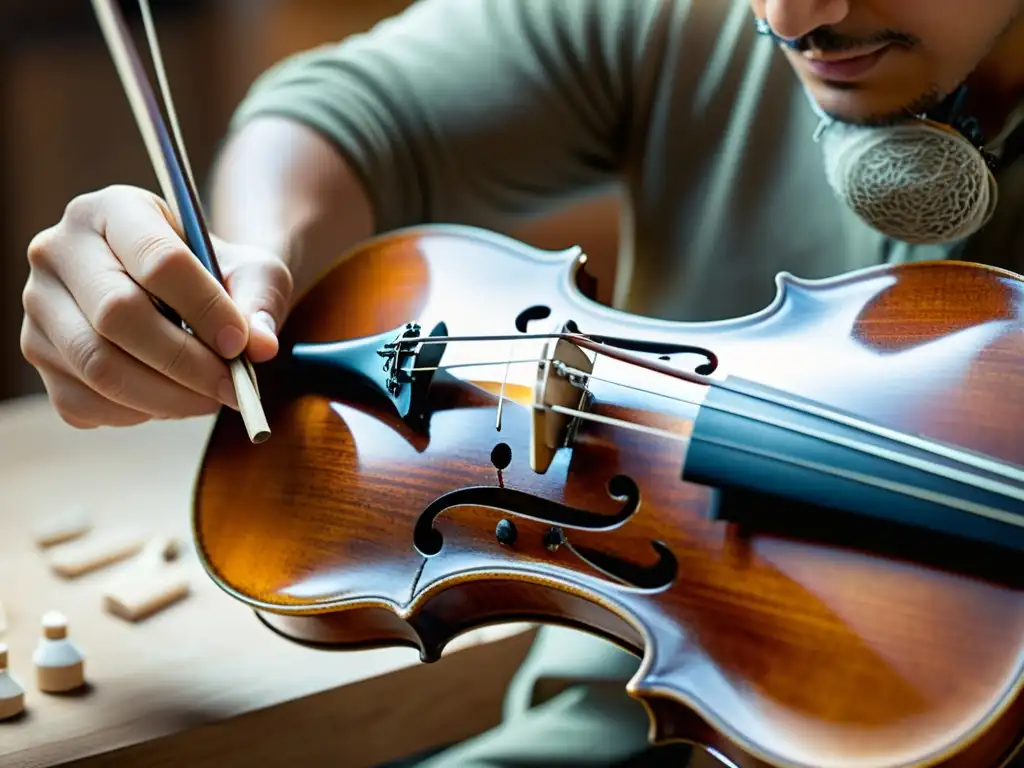 Un artesano restaura con destreza un violín antiguo, revelando la belleza de la madera