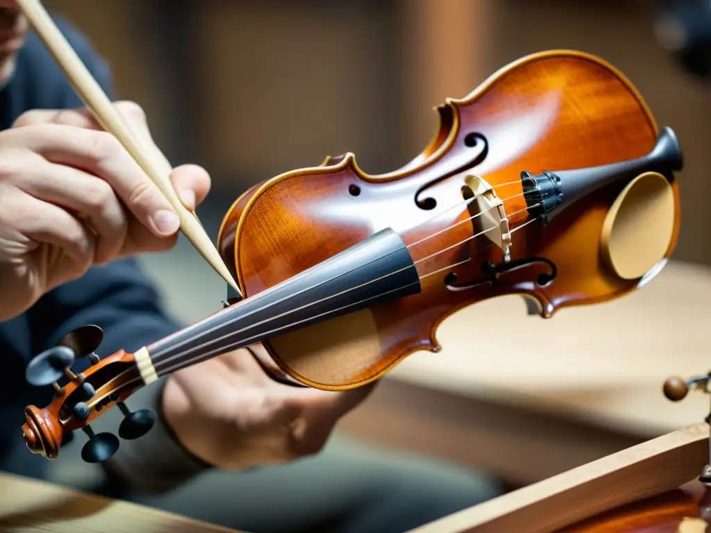 Un artesano restaura con destreza un violín antiguo, resaltando la dedicación y maestría en la restauración de instrumentos musicales antiguos