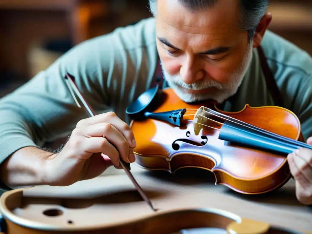 Un artesano restaura con destreza un violín vintage, destacando la restauración de instrumentos musicales sostenible