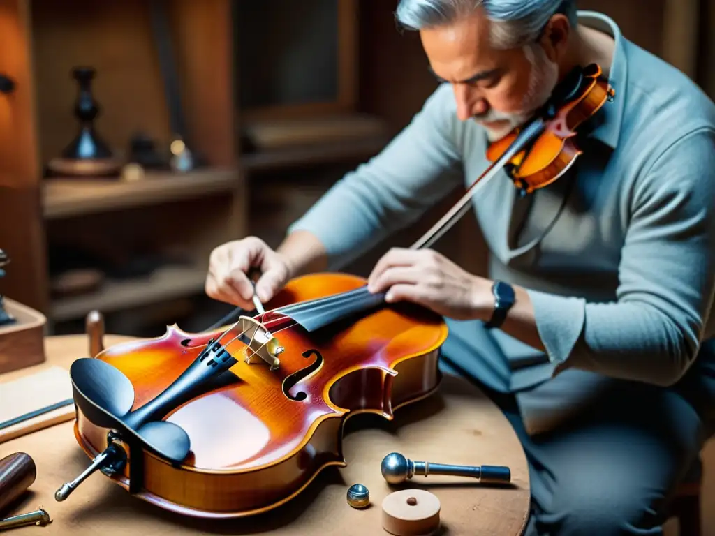 Restauración experta de violín: arte meticuloso Un artesano restaura con destreza un violín vintage, aplicando barniz con cuidado, rodeado de herramientas