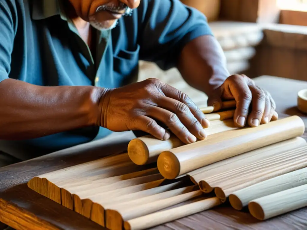 Un artesano esculpe con destreza una Zampoña Andina, revelando su dedicación y la tradición de su construcción