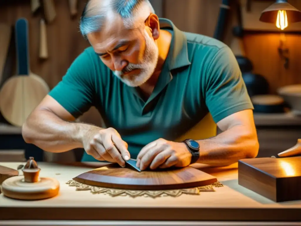 Artesano tallando con detalle una balalaika, destacando la autenticidad y el significado cultural de la balalaika