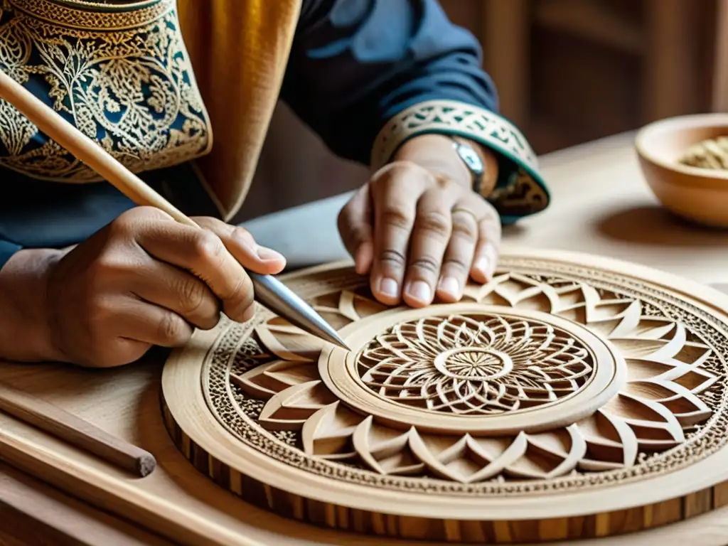 El hábil artesano talla detalles en un marco de madera para un santur persa, demostrando significado cultural del santur persa