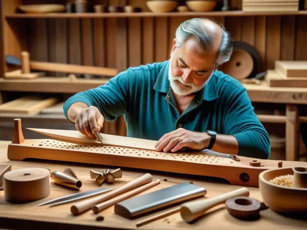 Un artesano hábil y detallista construye un dulcémele en un taller rústico, rodeado de herramientas, virutas de madera y detalles intrincados