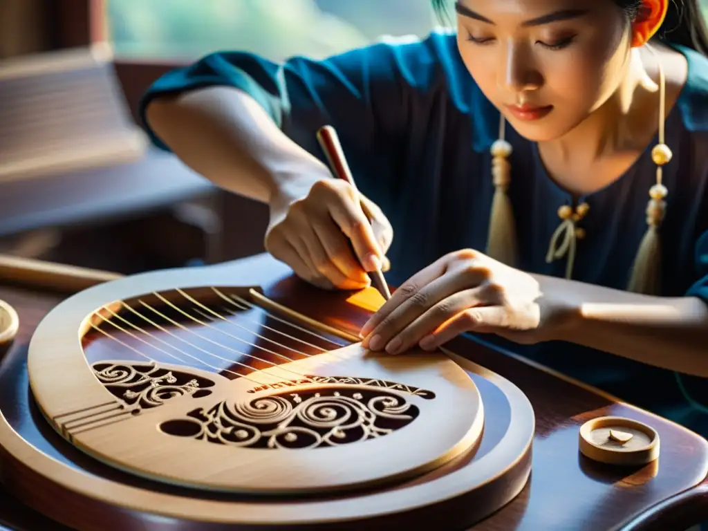 Un artesano diestro moldea con cuidado las delicadas cuerdas de un guzheng en un taller tradicional, destacando la historia y construcción del guzheng