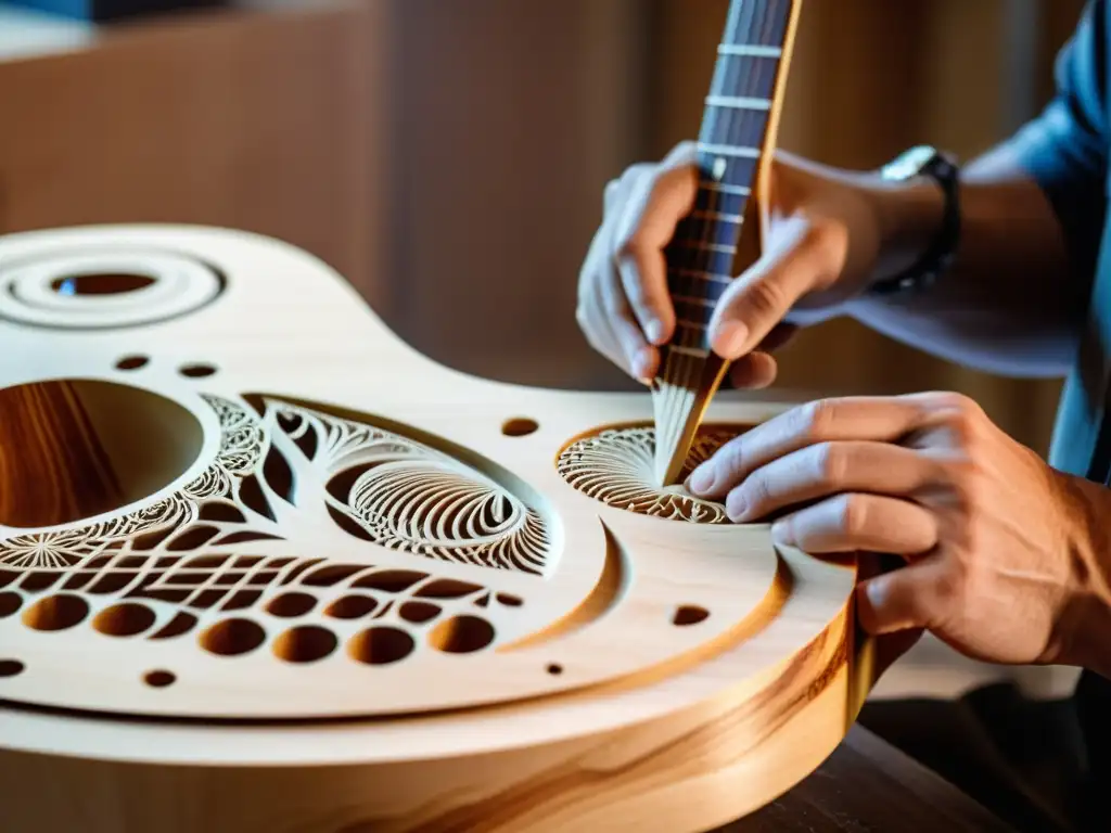 Un artesano luthier esculpe con precisión el diseño de una guitarra eléctrica personalizada, fusionando tradición y tecnología CAD