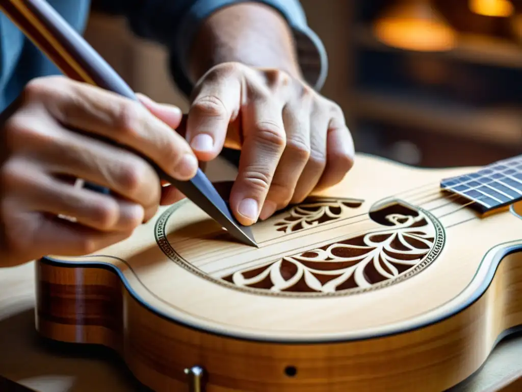 Artesanía detallada: Luthier esculpiendo guitarra acústica Artesano tallando diseño intrincado en guitarra acústica de madera con herramientas tradicionales