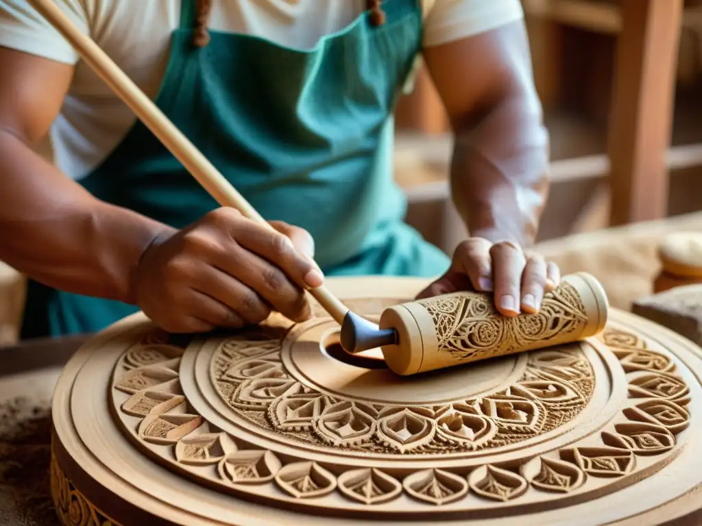 Artesano tallando diseño en timple Canario, destacando la historia y construcción del instrumento con meticulosidad y calidez de la madera