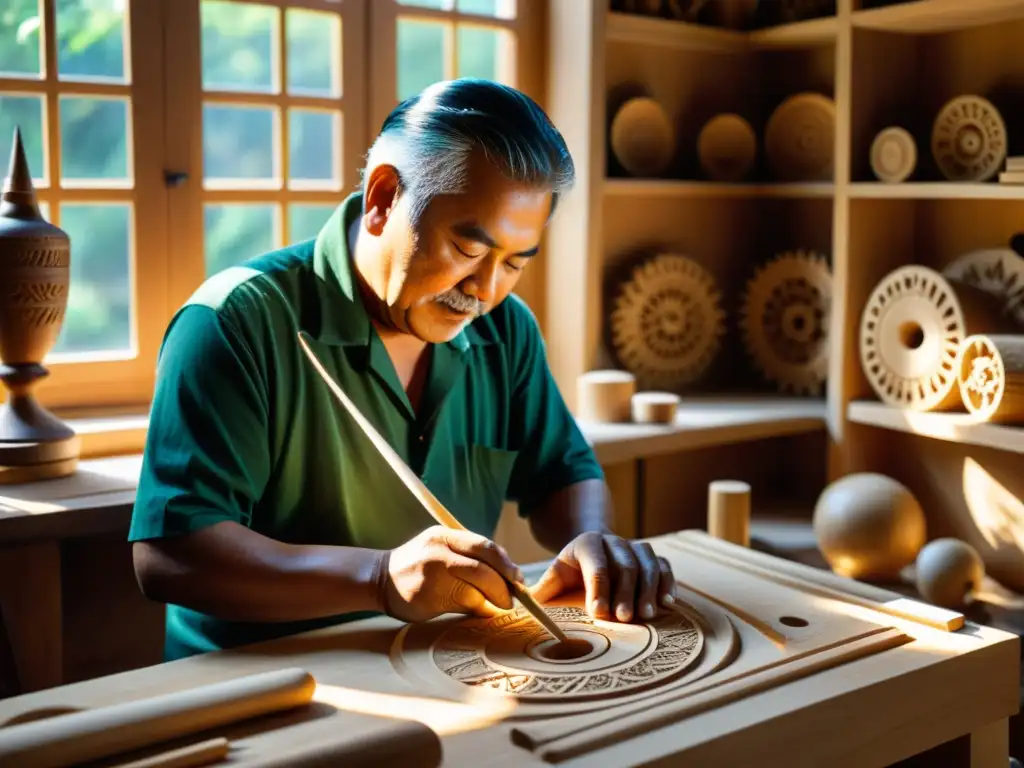 Artesano tallando diseños en aerófono de madera con herramientas tradicionales, impacto cultural en proceso de construcción de aerófonos