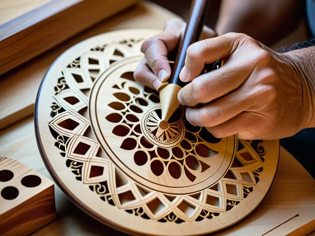 Un artesano luthier talla diseños en un bouzouki griego, infundiendo historia y sonido en la madera