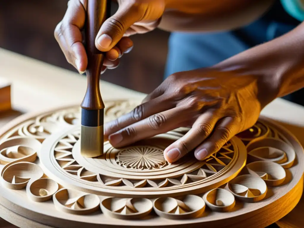 Artesano tallando diseños en el cuerpo de madera de un salterio, con precisión y dedicación en la creación de este instrumento de música sacra