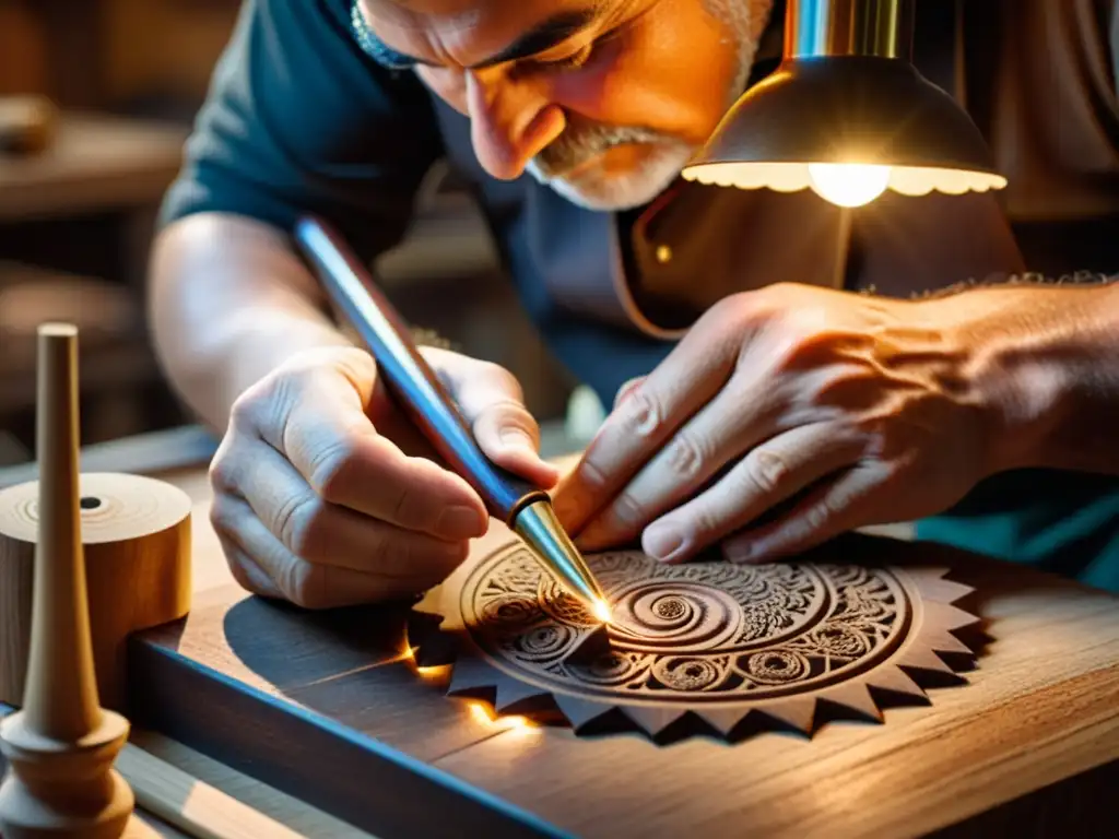 Un artesano tallando diseños detallados en madera oscura con destreza, en un taller cálido