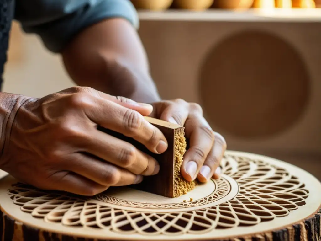 Artesano tallando diseños en guitarra flamenca de madera