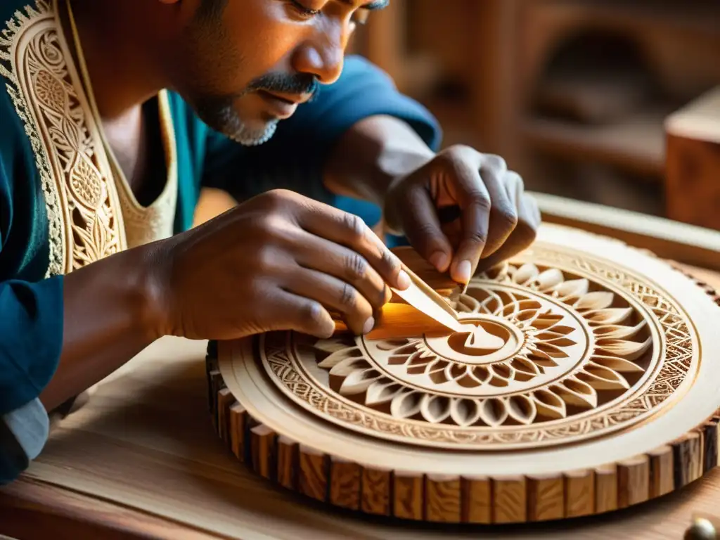 Artesano tallando diseños en instrumento musical, preservación de patrimonio cultural