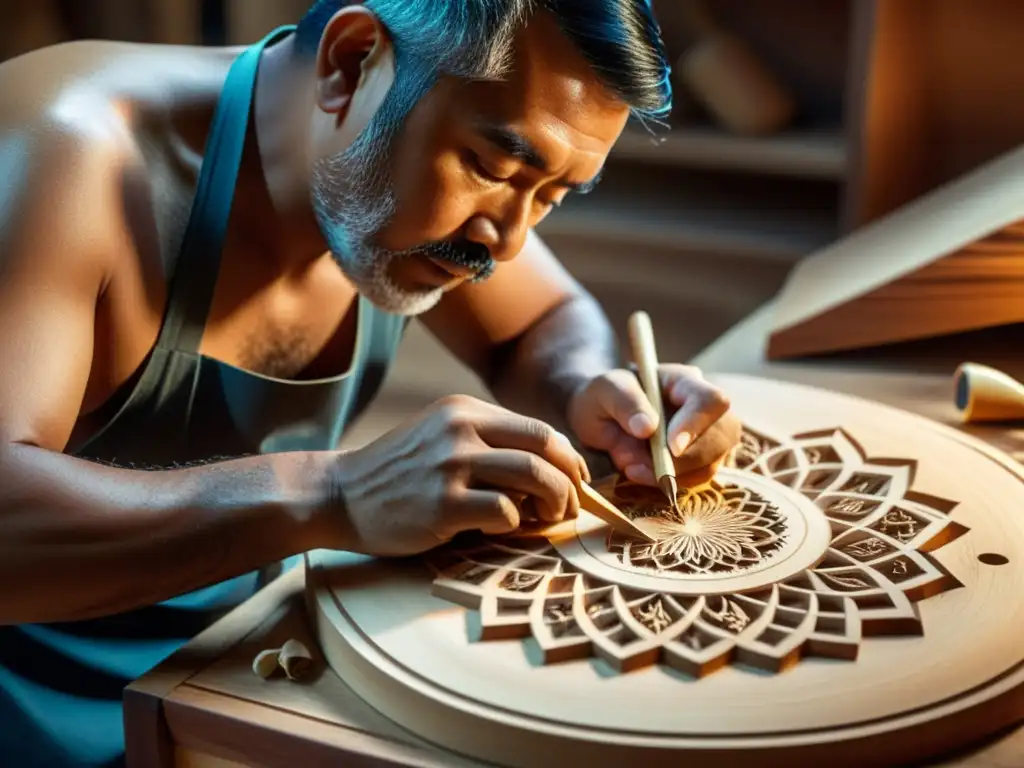 Un artesano tallando diseños en un instrumento musical tradicional, con madera esparcida alrededor