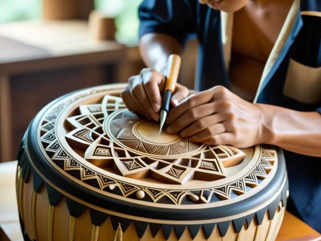 Un artesano hábil talla diseños intricados en un tambor ashiko, mostrando la artesanía y precisión en el origen y evolución del ashiko