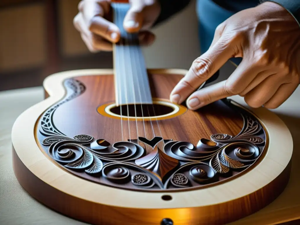 Artesano talla guitarra acústica en madera de caoba Un artesano hábil talla diseños intrincados en un panel de caoba, preservando la creación de una guitarra acústica tradicional