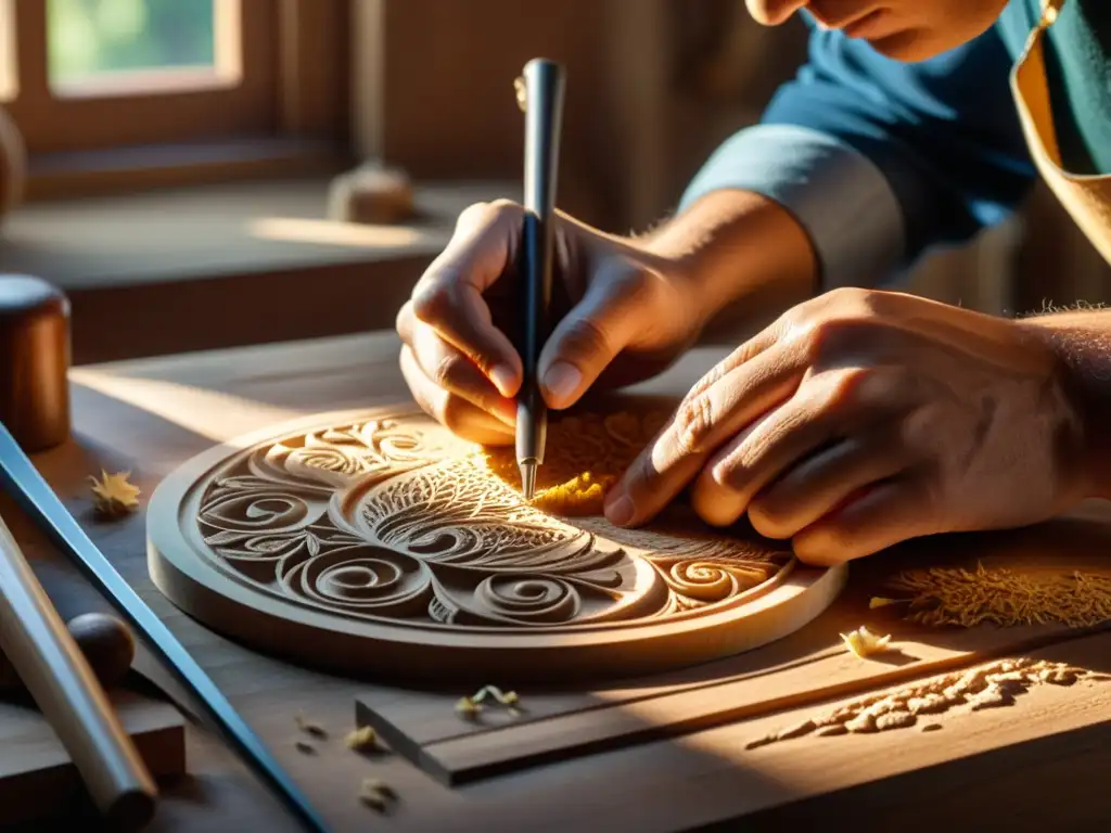 Artesano tallando diseños en madera con destreza, evolución papel artesano diseñador instrumentos