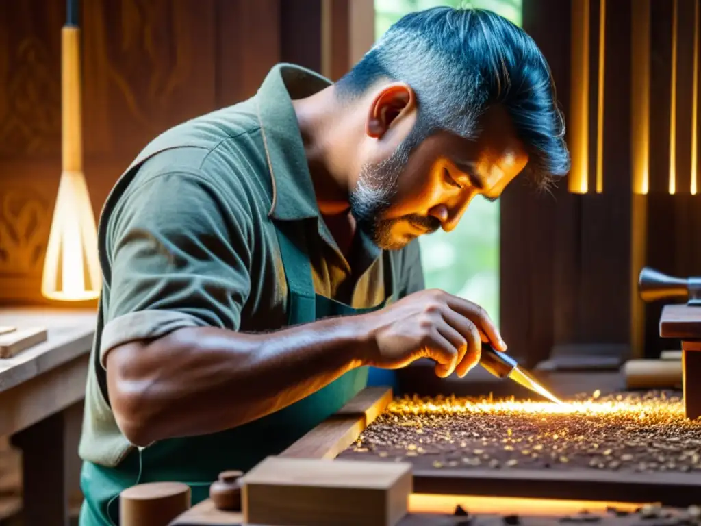 Artesano tallando delicadamente diseños en madera oscura para crear el tradicional sonido cultural del duduk armenio