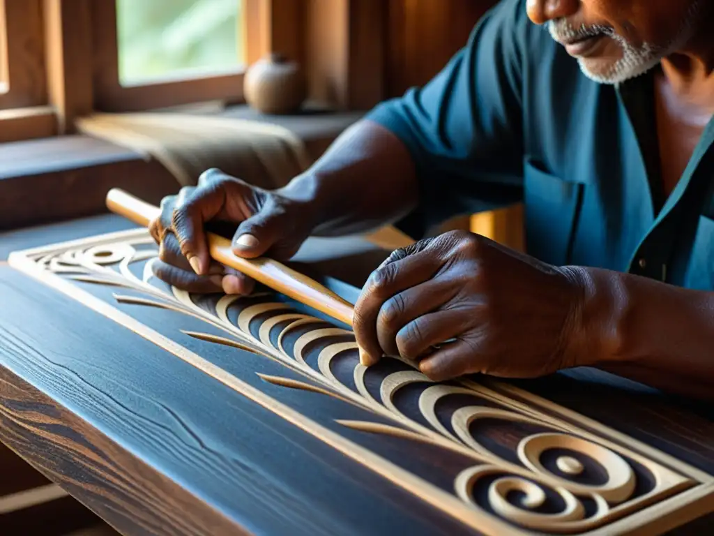 Un artesano tallando diseños en madera oscura para crear una flauta nativa, destacando la importancia cultural de su artesanía