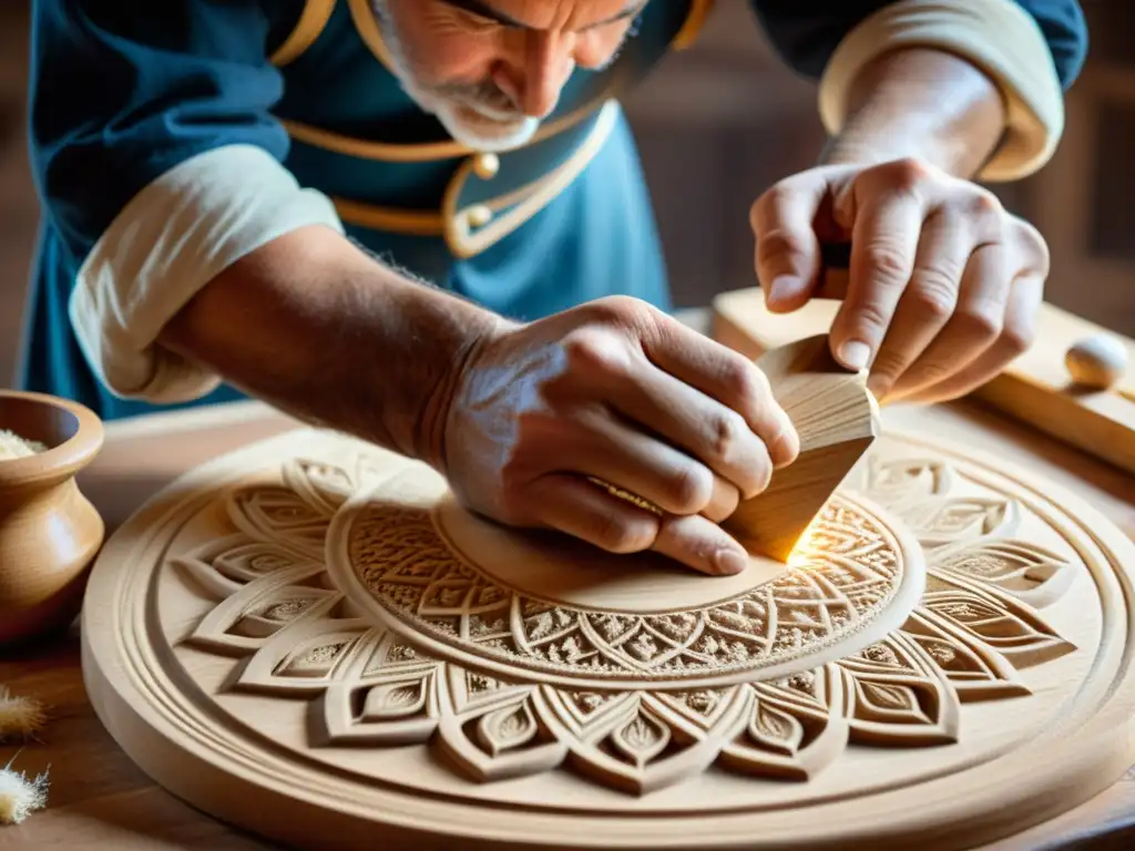 Un artesano hábil talla diseños en una zanfona medieval, destacando la artesanía y tradición detrás de este instrumento único