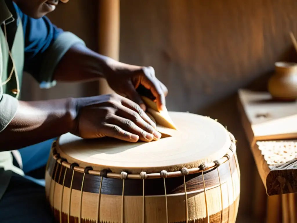 Artesano crea tambor ecológico con materiales locales, destacando la artesanía tradicional y el impacto ambiental de instrumentos percusión ecológicos