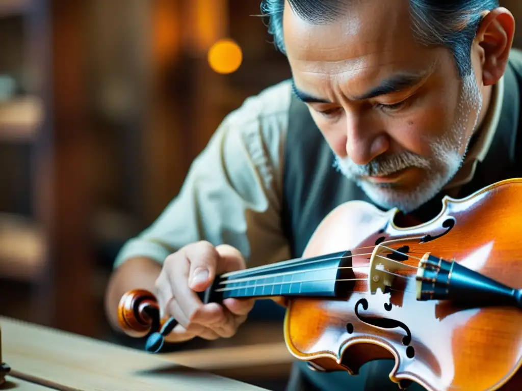 Un artesano restaura con esmero un antiguo violín, resaltando la belleza y la historia del instrumento