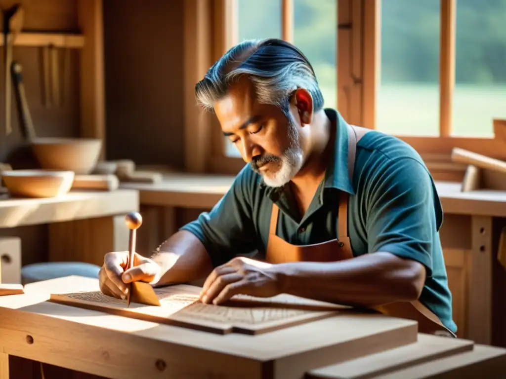 Un artesano hábil talla con esmero el cuerpo de un arpa llanera, reflejando la historia, construcción y sonido del instrumento