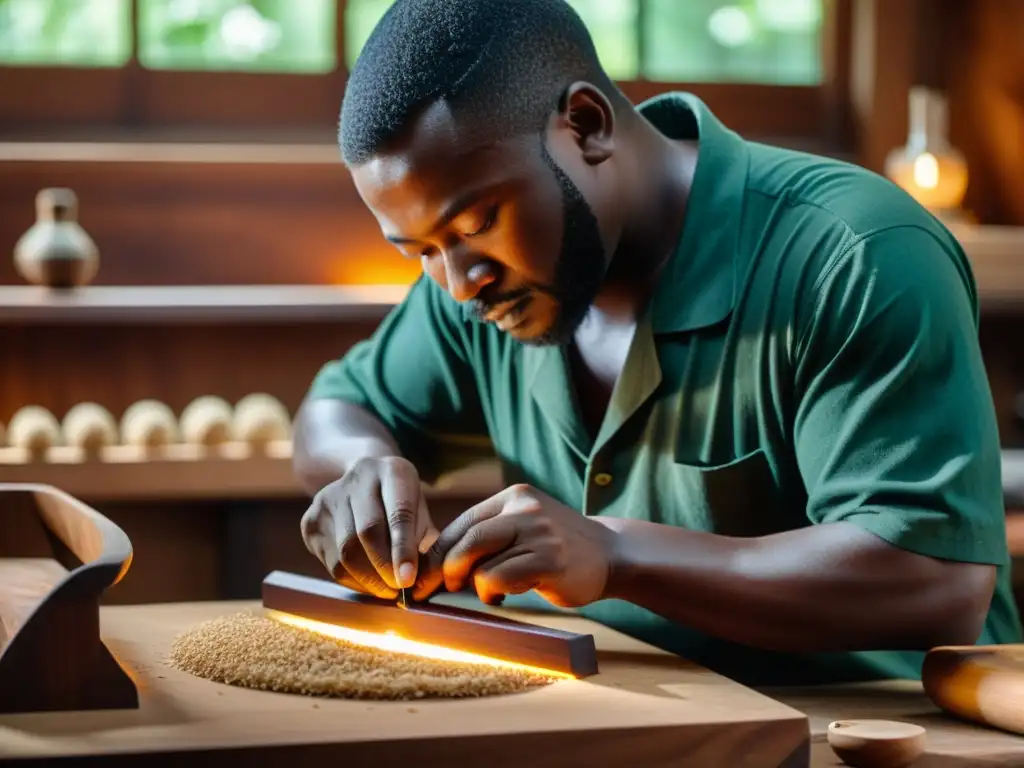 Un artesano hábil talla con esmero una Ilimba en madera oscura, con luz natural brillante