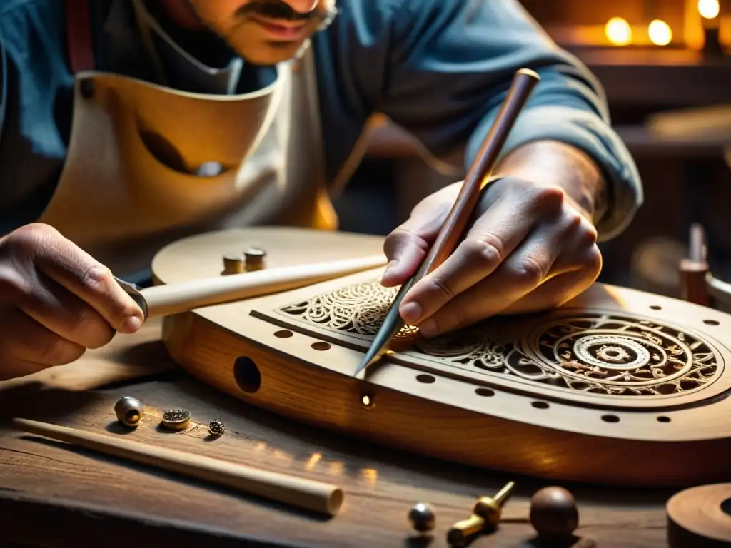 Un artesano restaura con esmero un instrumento musical folclórico en un taller cálido y tenue