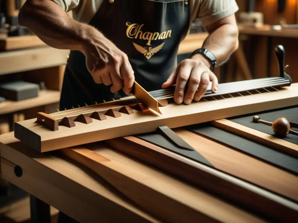 Artesano creando con esmero un Chapman Stick en un taller iluminado, rodeado de herramientas y virutas de madera