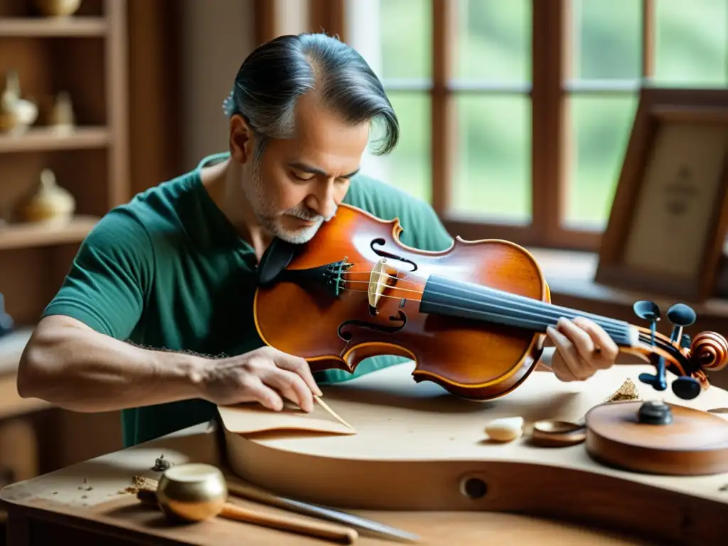 Un artesano restaura con esmero un violín antiguo, rodeado de herramientas vintage y virutas de madera, bajo suave luz natural