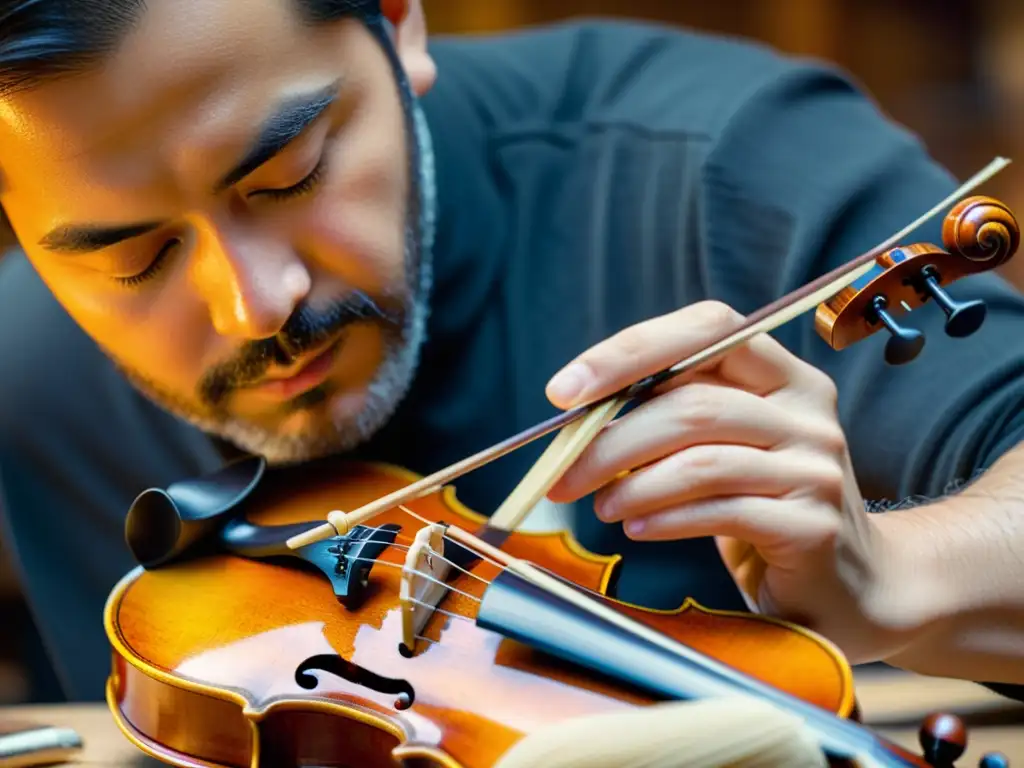 Un artesano restaura con esmero un violín antiguo, aplicando barniz y reajustando las cuerdas