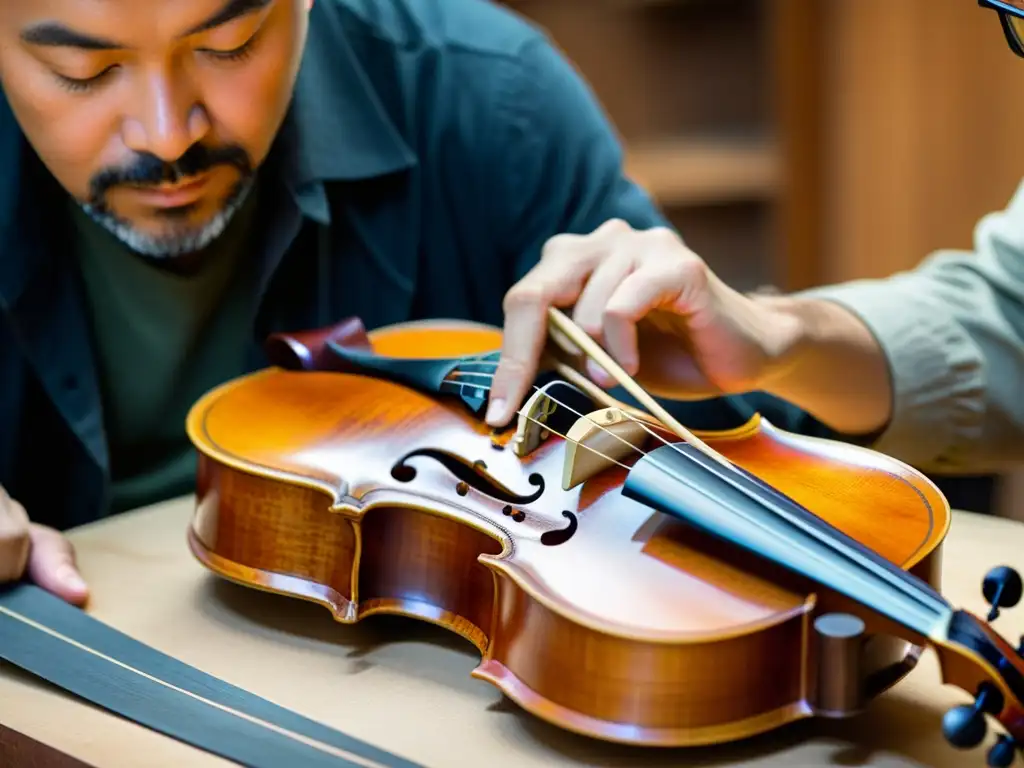 Un artesano restaura con esmero un violín desgastado, mostrando la artesanía y la dedicación en el reciclaje de instrumentos musicales sostenible