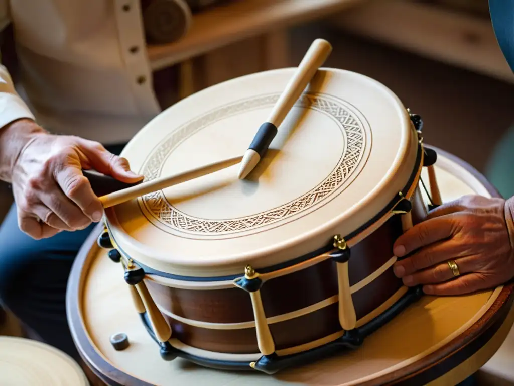 Artesanía detallada: Creación de bodhrán por experto Artesano experimentado crea un bodhrán tradicional, mostrando la historia y construcción del bodhrán con precisión y destreza artesanal