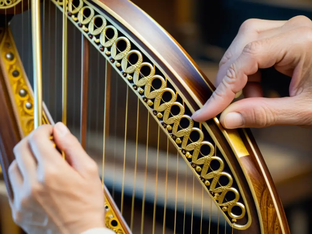 Restauración experta de arpa vintage con pan de oro Un artesano experimentado restaura con cuidado las intrincadas tallas de un arpa vintage, aplicando hojas de oro con destreza