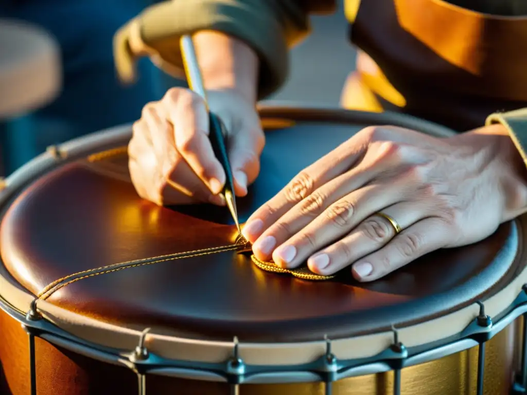 Un artesano experimentado cosiendo meticulosamente parches de batería de cuero, con técnicas de confección de parches de percusión