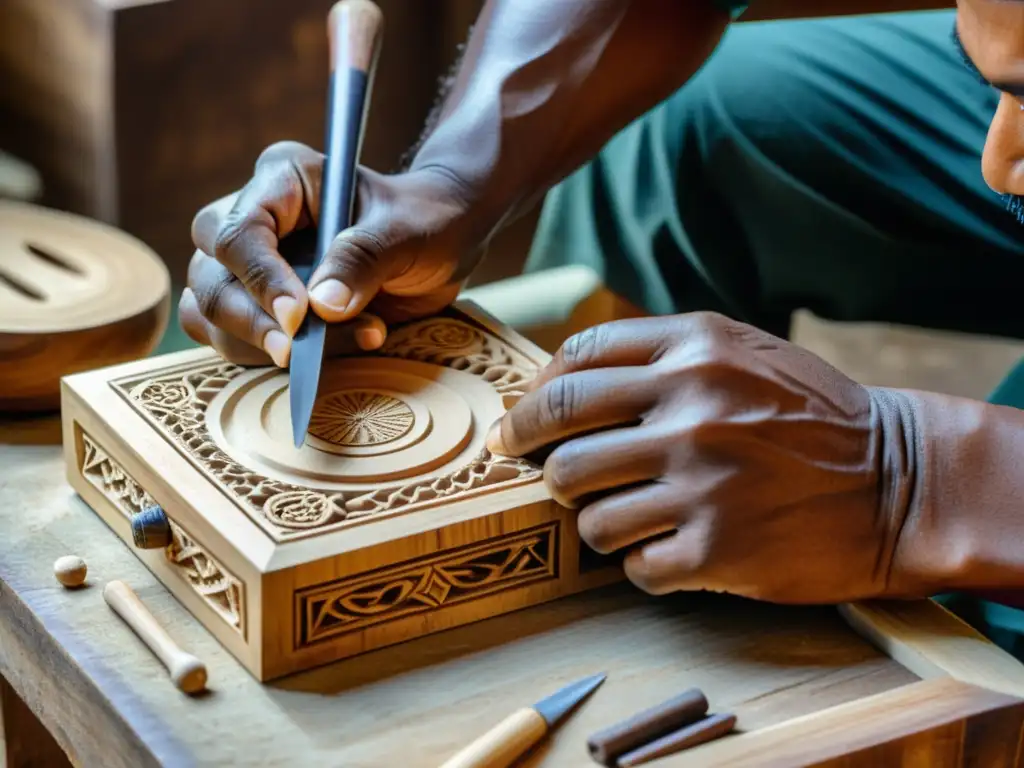 Un artesano experimentado talla con precisión un Zeze africano, mostrando la artesanía tradicional