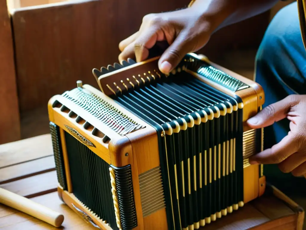 Un artesano experto ensambla un acordeón vallenato con meticulosidad, rodeado de herramientas y materiales