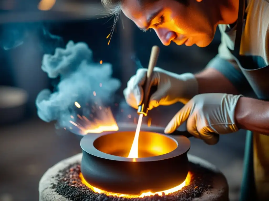 Un artesano experto crea una aleación perfecta para metalófonos, fundiendo metales en un crisol con precisión y pasión