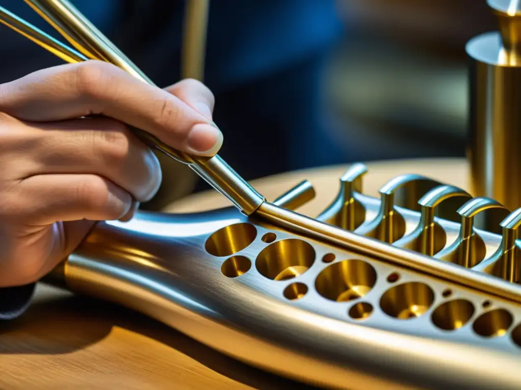 Un artesano experto moldea con precisión aleaciones modernas en un taller especializado, creando un instrumento de viento contemporáneo