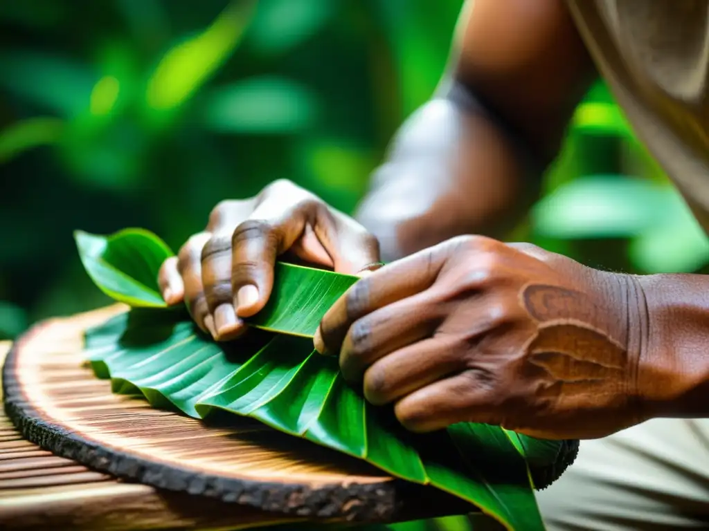 Un artesano experto en el Amazonas talla un mirlitón musical, rodeado de exuberante vegetación