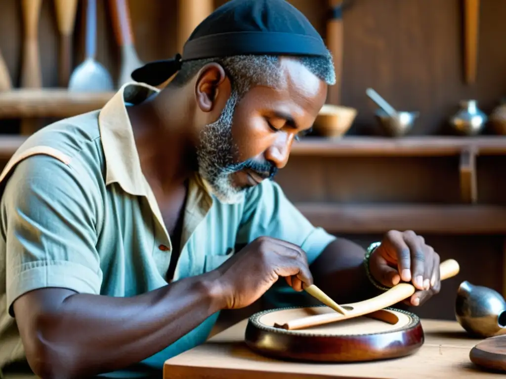 Un artesano experto crea con determinación una arpa de boca tradicional, rodeado de herramientas y materiales