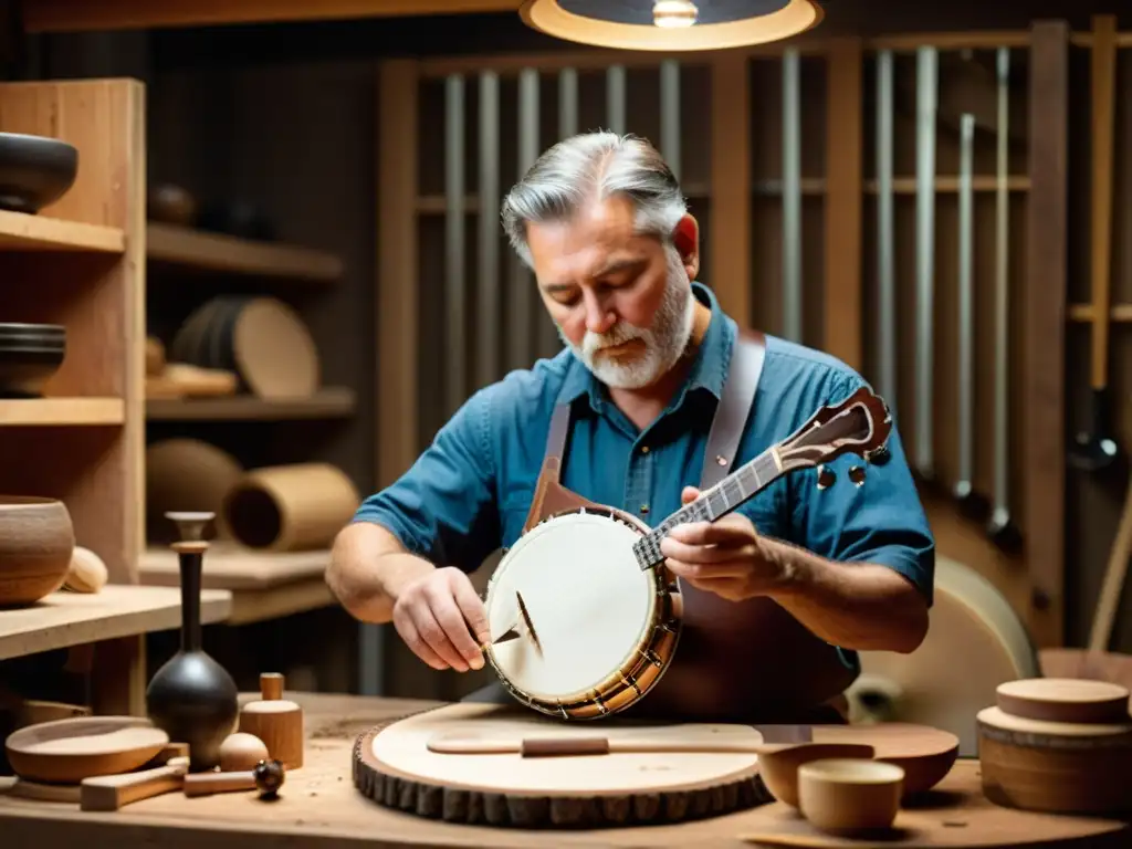 Artesano experto creando un banjo a mano en su taller, destacando el origen y evolución del banjo con autenticidad y detalle impresionante