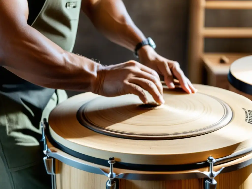 Un artesano experto moldea con dedicación sets de batería ecosustentables, resaltando la belleza natural de la madera